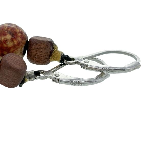 Vintage Sterling Silver 925 Wooden Bead Dangle Earrings - Picture 3 of 5